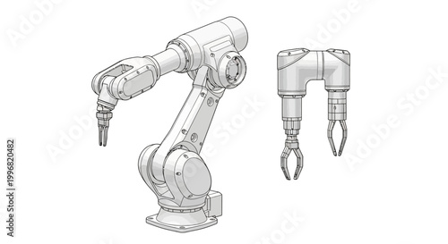 Detailed line drawing of a robotic arm and gripper system isolated on a white background, showcasing its complex mechanical design in a blueprint style, emphasizing precision engineering