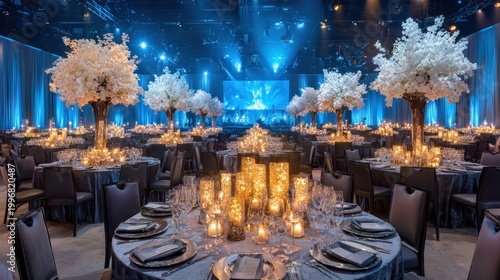 Elegant ballroom decorated for a formal gala event with floral centerpieces and ambient lighting