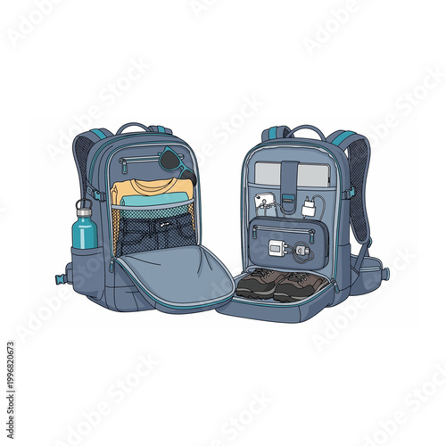 Open travel backpack with interior organization