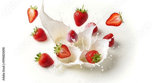 Kelompok buah stroberi segar dan potongannya meledak dalam cipratan susu melambangkan kebebasan ekspresi kesegaran maksimal dan ledakan rasa buah