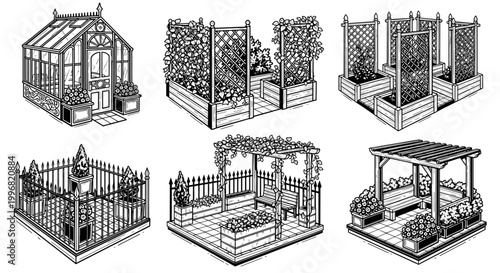 Collection of various garden structures and landscaping elements for outdoor spaces.
