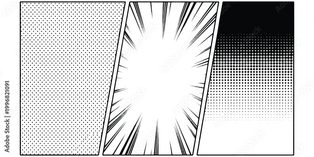Fototapeta premium Comic book manga panel layout with halftone dots and action speed lines