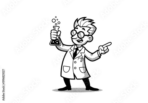 Cartoon scientist holding a bubbling flask and pointing.