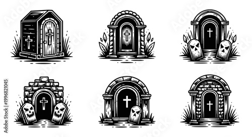 Set of six vintage tombstone and crypt illustrations for Halloween and gothic themes.