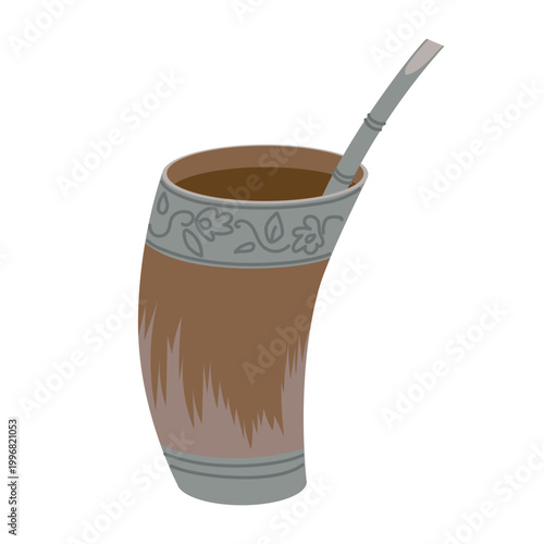 A traditional guampa is a vessel carved from a bull's horn. In Paraguay, it is used for terere . A handmade glass for the cold version of mate in Latin America. Vector illustration in a flat style.
