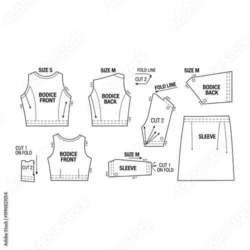 Clothing sewing pattern pieces layout