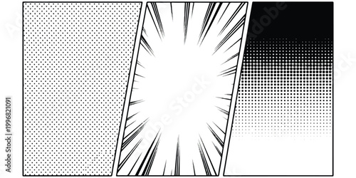 Comic book manga panel layout with halftone dots and action speed lines