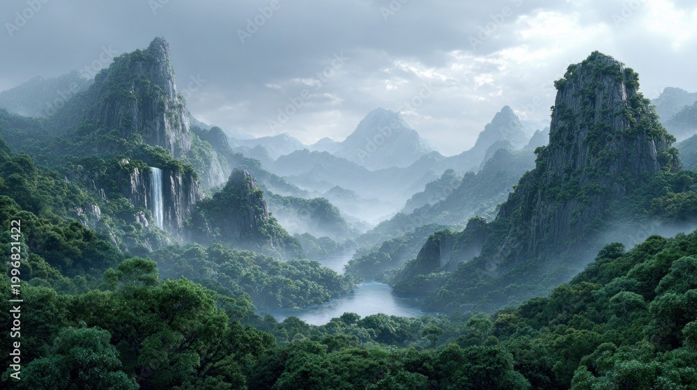 Naklejka premium Misty mountain landscape with a waterfall cascading into a serene jungle valley