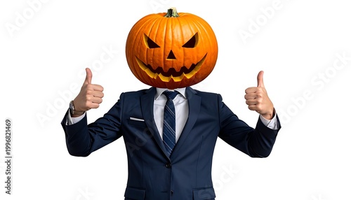 Businessman with pumpkin head giving thumbs up.