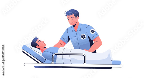 A compassionate male paramedic wearing a blue uniform attends to a patient lying on a gurney, with a clean white background and a comforting, supportive mood in this caring medical