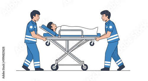 Illustration depicts two paramedics in blue uniforms transporting a patient lying on a wheeled stretcher against a clean white background, rendered with simple lines and flat colors