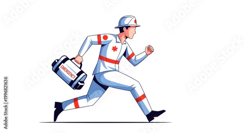 Side view of a cartoon paramedic running urgently with an emergency kit against a plain white background, illustrated with dynamic motion lines and a vibrant color palette