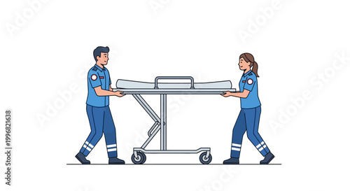 Cartoon paramedics in blue uniforms carry a wheeled stretcher with handles against a clean white background, illustrated in a flat, minimalist style conveying a sense of teamwork