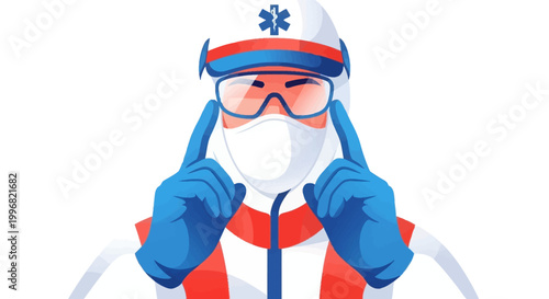 Close-up of a healthcare worker adjusting protective eyewear, wearing a full hazmat suit with red and blue accents, against a clean white background, conveying a sense of preparedness