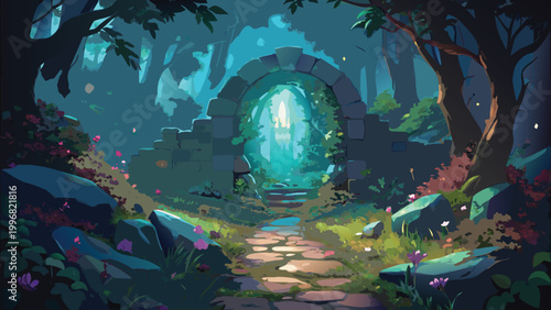 Glowing magical portal in a mysterious dark forest with stone archway and light