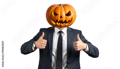 Businessman with pumpkin head giving thumbs up.