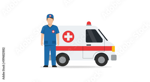 Full shot of a paramedic standing by a white ambulance with a red cross, presented in a flat vector style against a clean white background with a sense of readiness and medical assistance