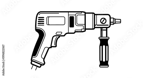 Black and white illustration of a power drill tool for construction and repair