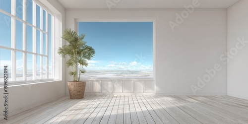 Modern, bright interior with large windows, plant, and wooden floors. Sky view