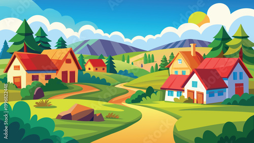 Colorful cartoon village landscape with houses on green hills and blue sky