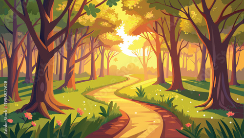 Beautiful winding path through a magical autumn forest with warm golden sunlight at sunset