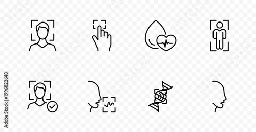 Biometric identification set icon. Face scan, touch selection, health drop, body recognition, verified identity, voice scan, dna symbol, profile analysis