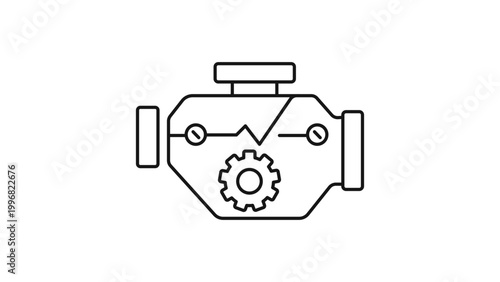 Car Engine Vector Icon with Editable Stroke. Minimalist black line illustration of an internal combustion engine with gear, perfect for automotive repair, mechanical engineering, and car maintenance.