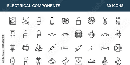 Electrical components electronics circuit line icons vector set microchip resistor capacitor plug outline symbols collection