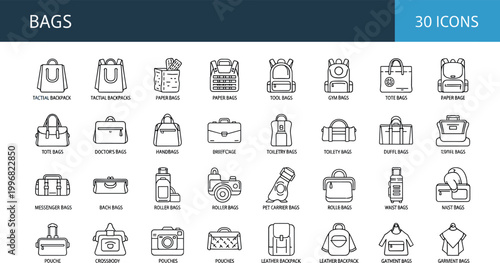 Bags backpacks luggage line icons vector set handbag travel suitcase fashion accessories outline symbols collection