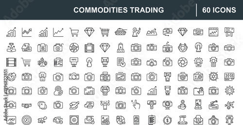 Commodities trading finance investment line icons vector set market analytics profit business outline symbols collection