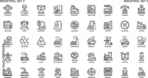 Industrial manufacturing factory machinery line icons vector set production engineering equipment industry outline symbols collection