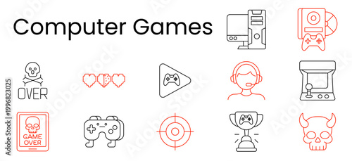Computer games set icon. Gameover skull, lives hearts, play button, headset, arcade cabinet, pc tower, disc, controller, crosshair, trophy, demon skull, streaming, esports, competitive gameplay