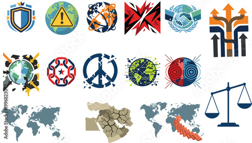 global, geopolitics, conflict, security, war, peace, strategy, diplomacy, world, crisis, icons, vector, illustration, international, relations, defense, tension, concept, economy, symbol