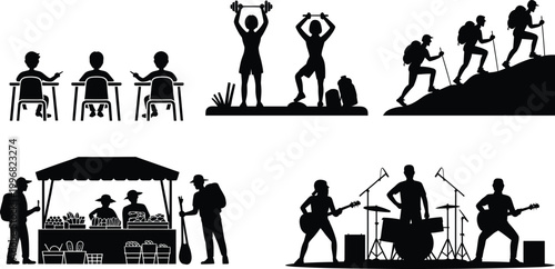 people, silhouettes, set, education, fitness, hiking, music, band, market, vector, illustration, group, activity, lifestyle, profession, human, black, isolated, collection, concept