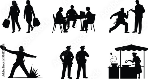 people, silhouettes, set, police, business, meeting, action, arrest, cooking, street, vendor, vector, illustration, group, profession, human, black, isolated, collection, concept
