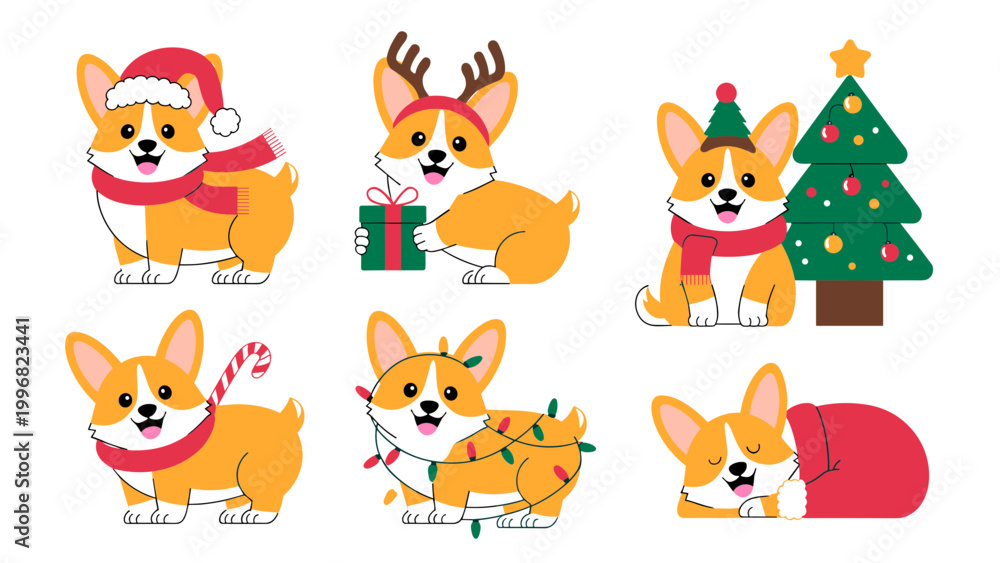 Obraz premium Cute Corgi Christmas Illustration Set – Festive Dog Characters with Holiday Accessories Vector Collection