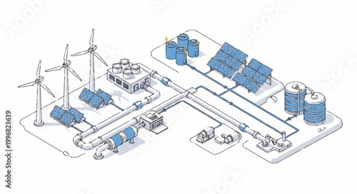 Renewable energy system with solar panels and wind turbines.