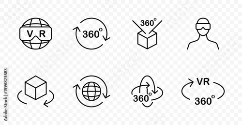 Virtual reality set icon. Vr globe, 360 rotation, immersive box, headset user, object spin, world view, digital experience