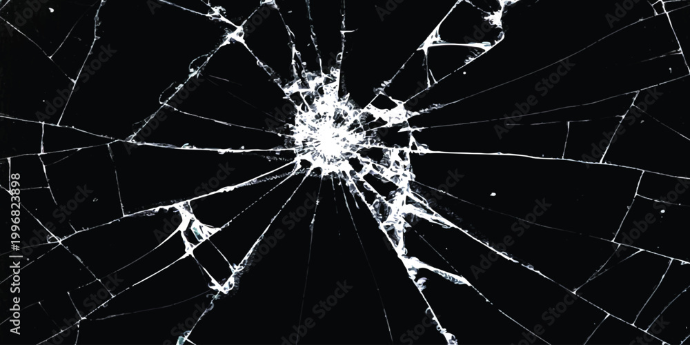 Fototapeta premium Broken glass texture with sharp cracks and spider web pattern on black background