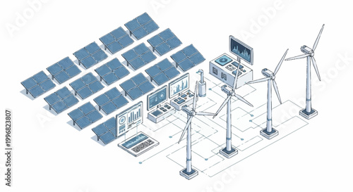 Renewable energy system with solar panels and wind turbines.