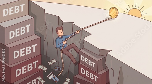 A determined man's arduous journey to overcome overwhelming debt, pulling towards a shining golden coin symbolizing financial freedom, recovery, and a hopeful new beginning