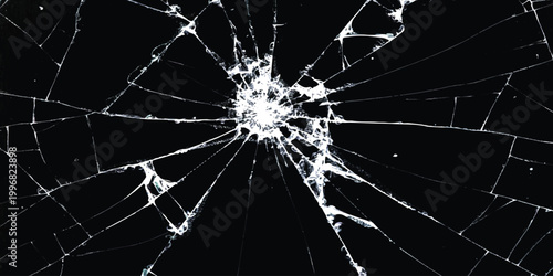 Broken glass texture with sharp cracks and spider web pattern on black background