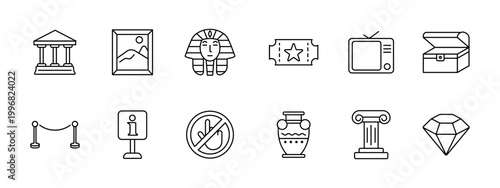 Museum exhibition history set icon. Temple painting pharaoh ticket television chest rope sign prohibition vase column diamond depict culture heritage artifact gallery