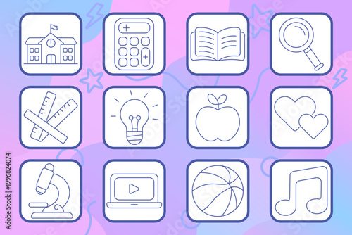 Farming agriculture set icon. Outline tiles, farmer pitchfork, horse foal, egg basket, chicken, seed sack, tractor, carrot, windmill, milk jug, cow head, wheat field, barn.