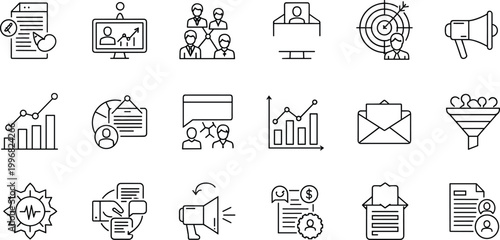 Business Marketing, Data Analysis, and Communication Vector Icons Featuring Performance Metrics, Team Collaboration, and Outreach Strategies