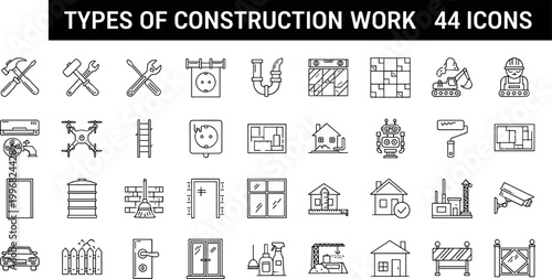 Construction work line icons vector set building tools equipment architecture repair outline symbols collection