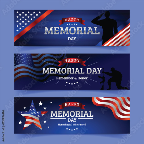 Cuadro en lienzo memorial day banners with american flag and soldier silhouettes high quality