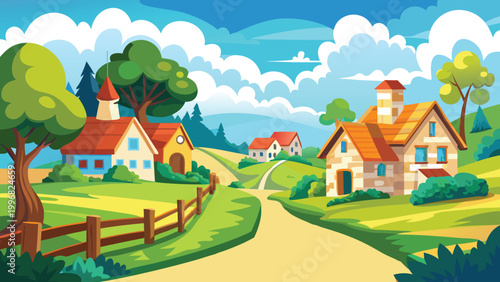 Colorful cartoon village landscape with cozy houses and a winding dirt road in the sunny countryside