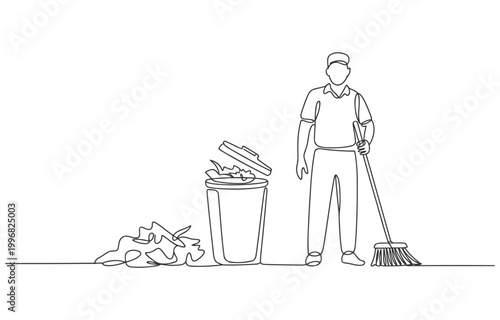 Minimalist line drawing of a sanitation worker with a broom and trash bin line art white background single street cleaner cleaning sweeping collection maintenance illustration activity