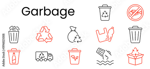Garbage set icon. Outline pictograms, trash can, recycle arrows, garbage bag, plastic waste, bin, bottle container, recycle truck, eco bin, litter, recycle box.